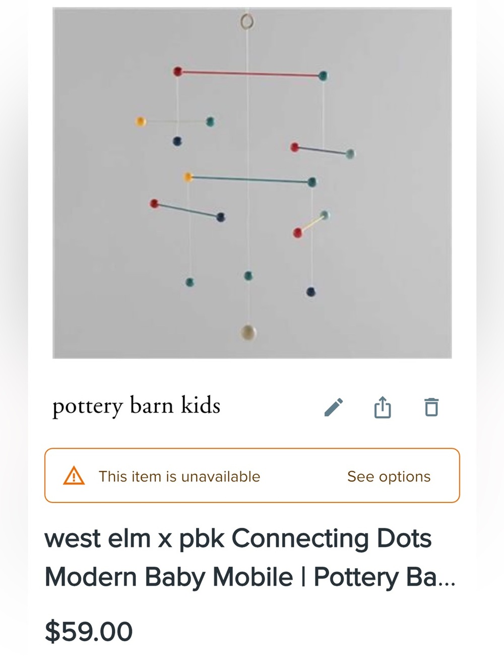 Pottery Barn Kids Colorful Connecting Dots Baby Mobile
